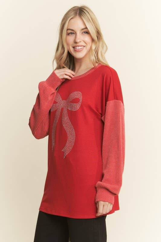 ET7706-11 SOLID URBAN RIBBED RIBBON RHINESTONE TOP: BLACK / 2-2-2 (S-M-L)