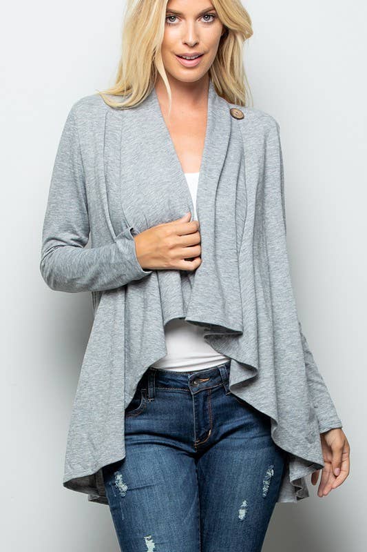 SJ1348S SOLID OPEN CARDIGAN WITH DRAPED AND BUTTON: CHARCOAL / 2-2-2(S-M-L)