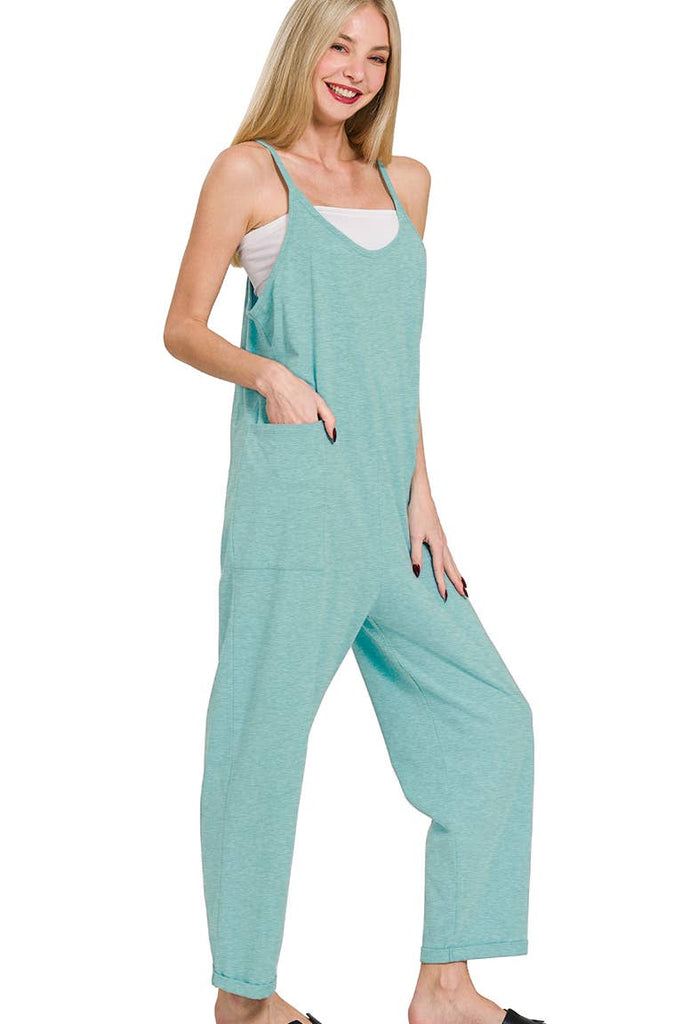 `",,,,...._ Spaghetti Strap Pocketed Cotton Jumpsuit: H LT TEAL-178587 / L/XL