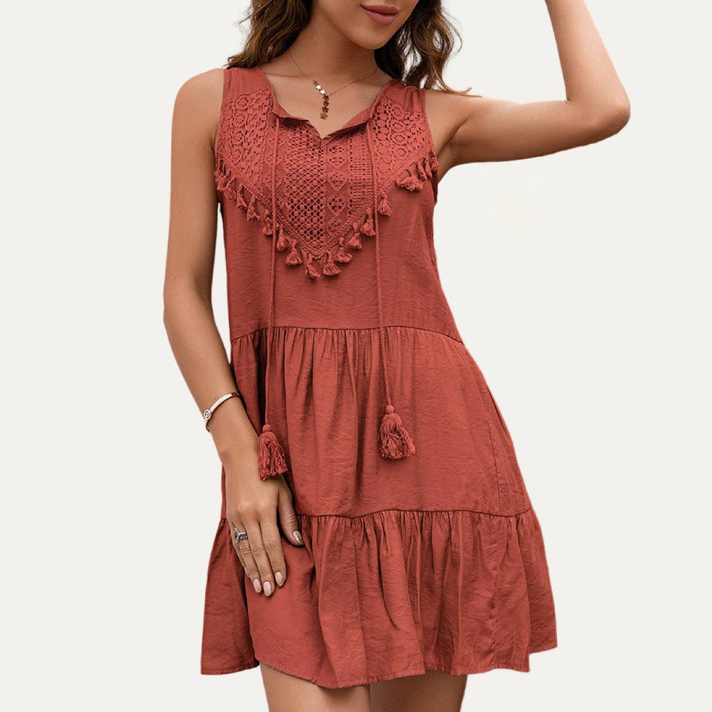 Delicate Boho-Style Embroidered Lace Fringe Mini Dress: KHAKI / S