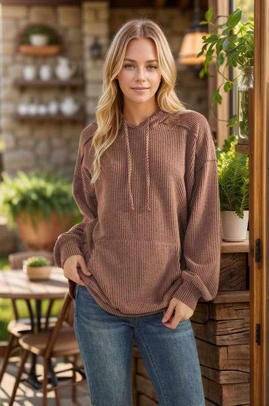 ET7964-10 LONG SLEEVE BRUSHED URBAN RIB HOODIE TOP: Olive / 2-2-2 (S-M-L)