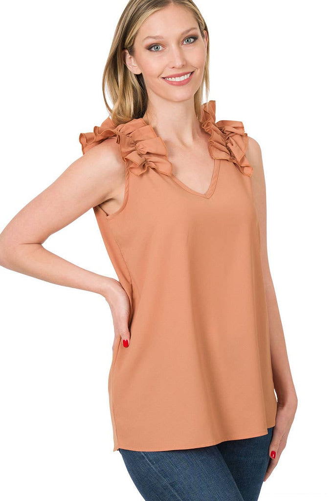",,,,,...RUFFLE TRIM SLEEVELESS TOP: ASH MOCHA-118024 / L