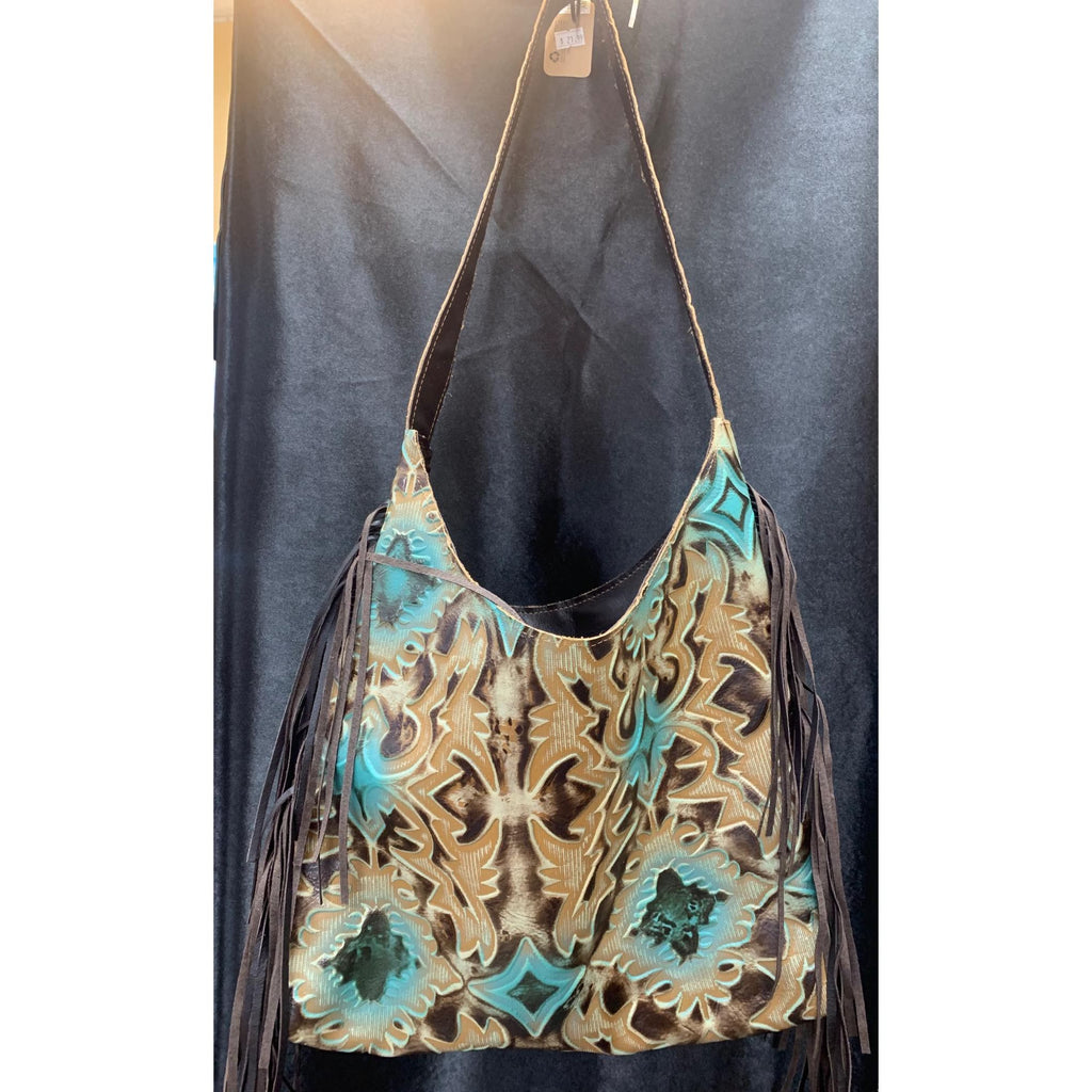 Montana Embossed Leather Hobo Handbag in Turquoise Sahara La ( SALE )