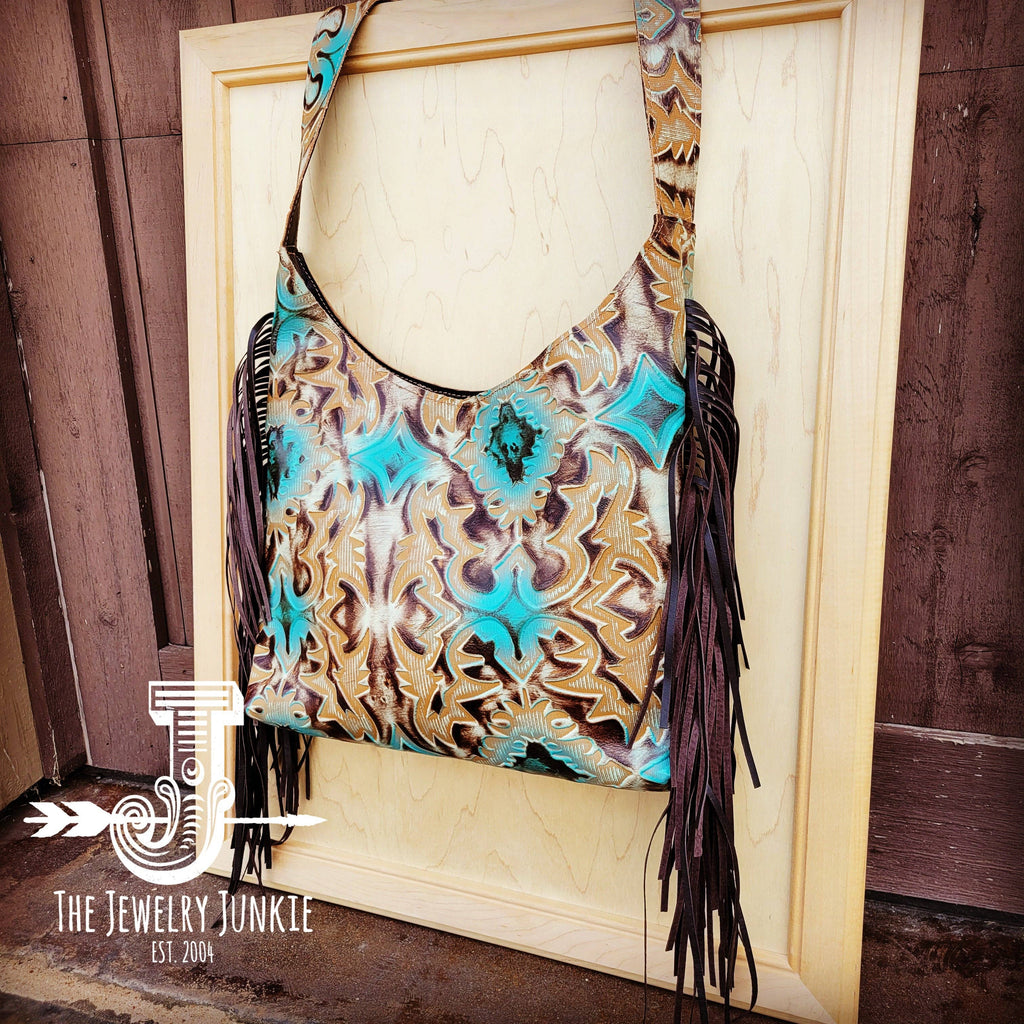 Montana Embossed Leather Hobo Handbag in Turquoise Sahara La ( SALE )